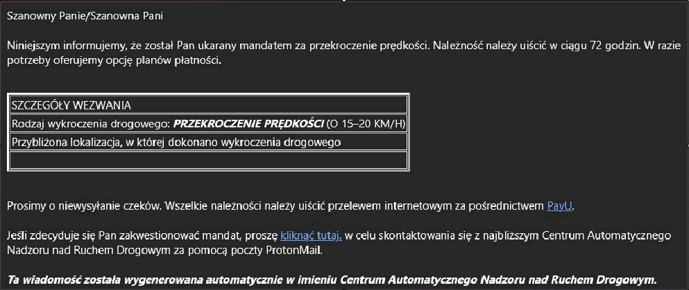 Przykład fałszywej wiadomości e-mail